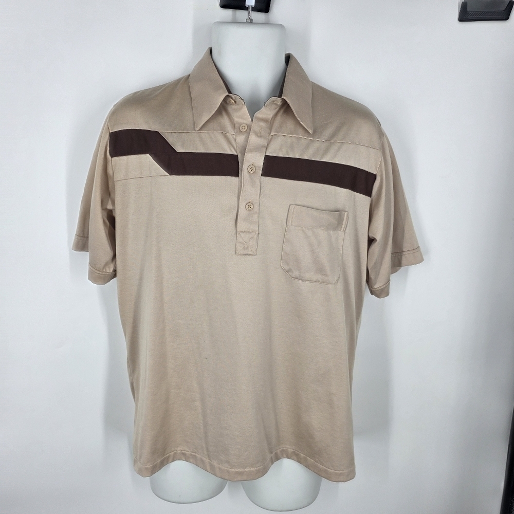 Vintage 70s Royale-Air Tan Brown Striped Polo Shirt Large | Retro Disco Indie